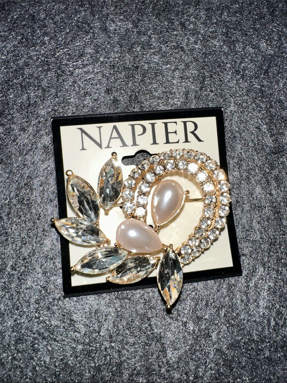 Napier Gold-Tone Pearl Cabochon & Crystal Floral Brooch